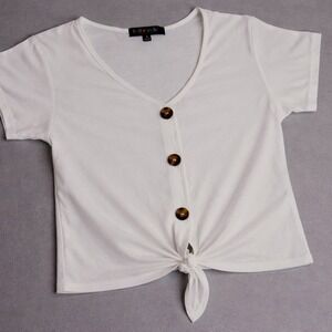 Full Circle Trends White Button Front Tie Hem Blouse Short Sleeve V-Neck